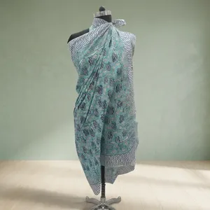 Aqua Blue Floral Hand Block Printed Cotton <b>Sarong</b> Scarf with Striped Border Lightweight Beach Wrap Stole for Women - Product Image 6