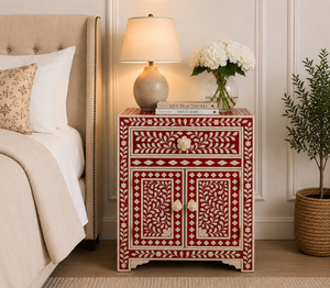 Mesa de Noche de Resina con Incrustaciones de Hueso, con Cajón y Puertas, Mueble de Lujo para Dormitorio, Diseño Artesanal - Product Image 1