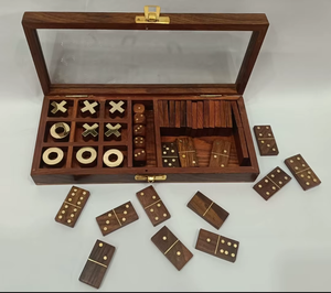 ชุดเกมกระดานไม้ทำมือ ติ๊กแท็กโท โดมิโน คอมโบ พร้อมกล่องเก็บฝาแก้ว ของขวัญเกมครอบครัว ความสนุกคลาสสิกบนโต๊ะ - Product Image 3