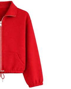 Sudadera corta de forro polar gris carbón con cremallera completa para mujer, cuello polo, bolsillos delanteros, cordón ajustable, estilo casual y cálido para la calle - Product Image 3