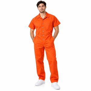 Overol de Trabajo de Algodón Naranja para Hombre, Manga Corta, Uniforme Cómodo, Pantalones Largos con Botones Delanteros y Bolsillo en el Pecho - Product Image 1