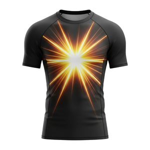 Chemise de sport pour homme à manches longues, protection UV UPF50+, séchage rapide, imprimé par sublimation, motif éclat de soleil noir et orange, pour la natation et le surf - Product Image 1