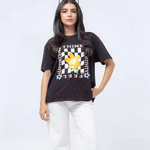 T-shirt décontracté pour femme 100 % coton, col rond ample, sexy, grande taille, avec logo décoratif - Product Image 1