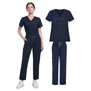 Conjunto de Uniforme Médico Azul Marino para Mujer con Cuello en V y Pantalones con Cordón, Uniformes de Hospital, Tela de Algodón y Poliéster, Diseño Personalizado - Product Image 1