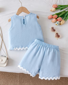 Girls Blue Sleeveless Top Shorts Set Sweet Style Solid Color Breathable Cotton Two Piece Outfit - Product Image 2