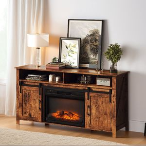 Meuble TV moderne de style ferme de 58 po avec porte de grange patinée, cheminée et rail coulissant, panneau personnalisable pour inserts de 23 po, pour salon - Product Image 6