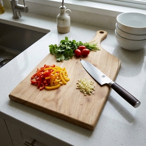 Planche à découper en bois de teck naturel à bords bruts, bloc de découpe en bois organique, plateau de service pour charcuterie, avec poignée de suspension - Product Image 2