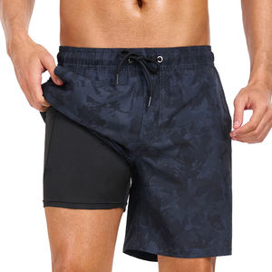 Shorts de bain camouflage bleu foncé pour homme, taille mi-haute, cordon de serrage, séchage rapide, avec poches, style décontracté, tissu tissé - Product Image 3