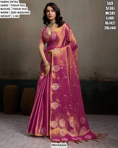 PRIYANSHI Tissue Silk Saree Zari Weaving Pink Yellow <b>Blouse</b> for Women Wedding Wear Regular Fit Floor Length Wrinkle-Free - Product Image 3