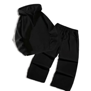 Unisex <b>Black</b> Hooded <b>Tracksuit</b> Full Sleeve Solid Color Casual Wear With Drawstring Pants And Side Pockets Autumn Style - Product Image 1