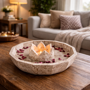 Cuenco de Piedra Travertino para Velas, Hecho a Mano, de Piedra Natural, Decorativo, Portavelas de Loto, Centro de Mesa Moderno, para Cumpleaños y Navidad - Product Image 1