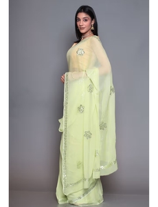 Sari KV Embellecido con Zari Jaipur Verde Claro con Blusa Sin Coser - Product Image 6