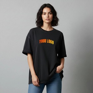 Camiseta Negra Oversize de Cuello Redondo para Mujer, Manga Corta, Corte Holgado, Algodón Jersey, Logotipo Estampado, Casual, para Todas las Temporadas - Product Image 5