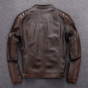 Veste de moto rétro en cuir véritable pour homme, style ancien, en cuir de vachette pleine fleur, coupe ajustée, col à revers, tendance décontractée - Product Image 2