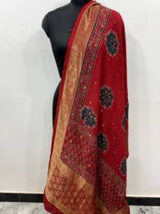 Burgundy Crinkled Silk Dupatta with Gold Border Elegant Traditional Indian Pakistani Women <b>Wedding</b> Party Diwali Wear - Product Image 2