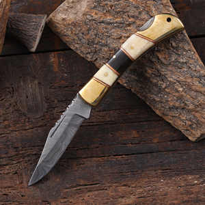 Damascus Steel Bevel Folding Utility <b>Knife</b> Pakka Wood <b>Handle</b> Leather Sheath ODM OEM Pocket EDC Hunting Camping Industrial Grade - Product Image 3