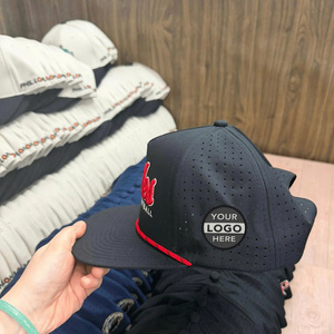 Casquette de baseball snapback 5 panneaux premium en tissu poly imperméable, visière plate, logo brodé 3D personnalisé, corde et trous découpés au laser - Product Image 4