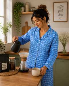 Soft 100% Cotton Woven Floral Print Blue <b>Pyjama</b> Set <b>for</b> Women | Luxury Hand Block Print Nightwear | Button Sleepwear Loungewear - Product Image 3