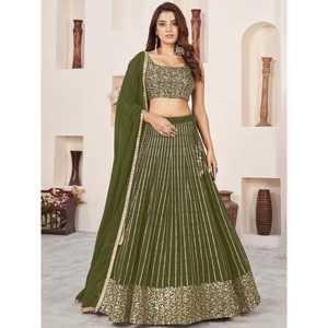 Magnifique Lehenga Choli en Georgette à Paillettes Vertes Semi-Cousu 2000g pour Tenue Mehendi - Product Image 2