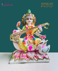 รูปปั้นฝ่่นหินอ่อน saraswati | งานฝีมือดีไซน์แบบดั้งเดิมเทพธิดา saraswati ไอดอลกับ veena สำหรับตกแต่งบ้านและของขวัญ - Product Image 1
