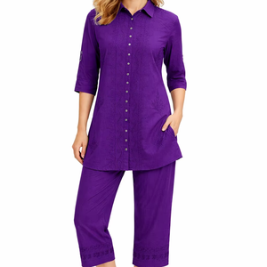Women's Viscose Embroidered Collar Cord Set Two Pieces Casual Shirt Top and <b>Pants</b> Manufacturer - Product Image 1