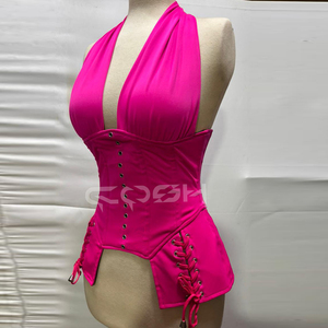 Top Corsé Premium Rosa Fucsia con Cuello Halter, Faja Reductora con Varillas de Acero y Detalle de Cordones - Bustier de Moda Personalizado OEM para Mujer - Product Image 5