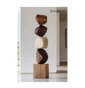 Escultura de Piedras Apiladas Abstracta Zen de Lujo Artiblend, Gran Estatua Totem de Madera Tallada a Mano sobre Base, Multicolor Marrón - Product Image 2