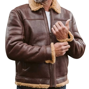 Raf Aviator Brown <b>Bomber</b> Real <b>Shearling</b> Sheepskin Leather Flight <b>Jacket</b> Men - Product Image 5
