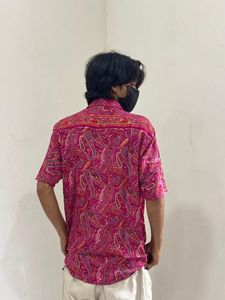 <b>Men's</b> Pink <b>Paisley</b> Print Short Sleeve V-neck Casual <b>Shirt</b> Knitted 100% Silk Breathable Quick Dry Eco-Friendly Summer Wear - Product Image 4