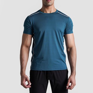 Camiseta Deportiva de Punto para Hombre, Azul, Manga Corta, Cuello Redondo, Corte Ajustado, Secado Rápido, Largo Regular, Color Sólido - Product Image 3