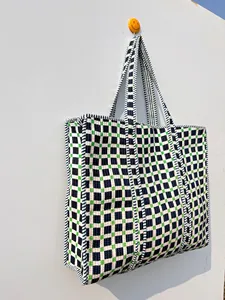 Premium Black <b>Quilted</b> Cotton Tote Bag Checked Print Bohemian Style Casual Zipper Shopping Travel <b>Handbag</b> for Women Daily Use - Product Image 2