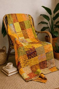 Multicolor Patchwork Sari <b>Throw</b> Blanket Handmade Silk Kantha <b>Bed</b> Cover - Product Image 2
