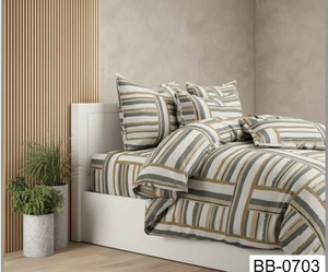 High Quality Golden Grey Striped Printed 130+ GSM Microfibre Bedsheet <b>Comfortable</b> Durable Easy Wash Bedding Sheet for Bedroom - Product Image 1
