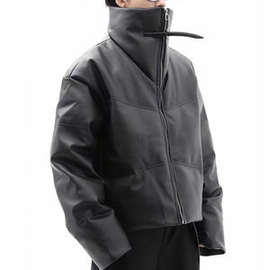 Chaqueta de Moto para Hombre, Negra, de Cuero PU, Cuello Alto, Cierre de Cremallera, Resistente al Viento, Corte Holgado, Corta, para Invierno - Product Image 1