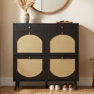 Mobiletto Portascarpe Moderno in Rattan Nero con 2 Cassetti e 4 Sportelli a Ribalta 105*24*110cm - Product Image 5