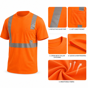 T-shirt à manches courtes personnalisé en orange fluorescent et argent réfléchissant pour hommes, avec poche poitrine, vêtements de travail haute visibilité, t-shirts personnalisés - Product Image 4