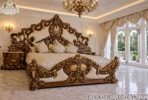 Exquisito Juego de Cama de Madera de Teca con Cabeza de León Tallada, Acabado Blanco y Dorado Victoriano, Compre Muebles de Dormitorio Reales Personalizados - Product Image 2