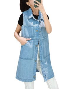 Women's Denim Sleeveless Vest Long Button Front Solid Color Casual Loose Fit Summer <b>Jacket</b> Coat Breathable Woven Cotton - Product Image 4