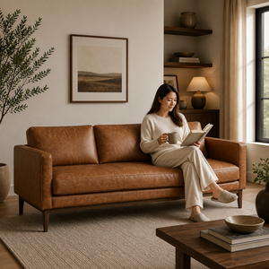 Sofá de Cuero Genuino Marrón con Patas de Madera Maciza, Estilo Moderno de Mediados de Siglo, Sofá de 3 Plazas, Sofá de Cuero Premium y Muebles para Sala de Estar - Product Image 4