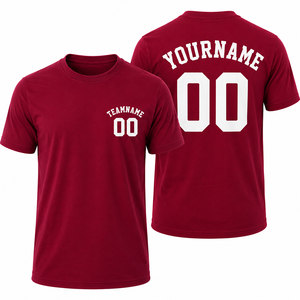 T-shirt rouge personnalisé pour hommes, avec nom et numéro imprimés, manches courtes, col rond, style jersey décontracté, coupe régulière, 100% coton - Product Image 1