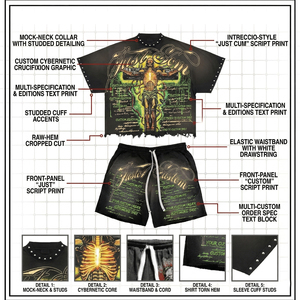 เสื้อยืดลายโครงกระดูกสไตล์วินเทจสำหรับผู้ชายสุดฮิตประจำฤดูร้อน ชุดเซ็ตเสื้อยืดและกางเกงขาสั้นทรงโอเวอร์ไซส์ แต่งดีเทลขาดๆ แบบวินเทจ พร้อมเสื้อยืดปักหมุด ลุคสตรีทแวร์ - Product Image 4