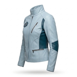 Light Blue Womens <b>Real</b> <b>Leather</b> <b>Jacket</b> High Stand Collar Contrast Color Panel Patch Zipper <b>Biker</b> Motorcycle Outerwear - Product Image 4
