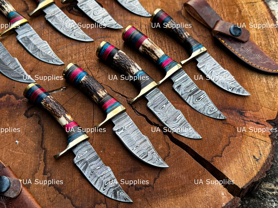 Bulk Small Damascus Pattern Fixed Blade Camping Knives Wood Handles for ...