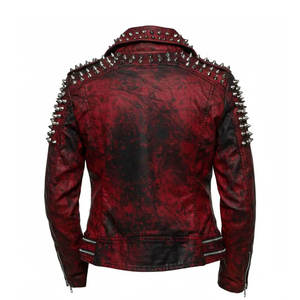Chaqueta de Motociclista para Hombre, Estilo Punk, de Cuero Vacuno, con Capucha, Acolchada, Resistente al Viento, con Remaches Rojos y Negros, Cierre de Cremallera - Product Image 3