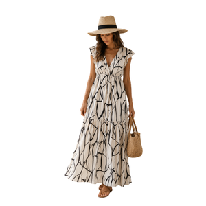 Robe mi-longue respirante pour femme, col en V, sans manches, motif personnalisé, teinte unie, collection printemps/été, vente en gros - Product Image 1