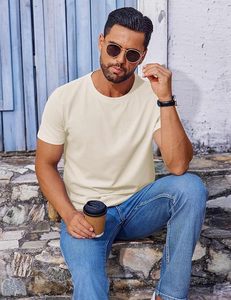 T-shirt pour homme, couleur crème, manches courtes, col rond, coupe ajustée, en coton tricoté, décontracté, respirant, design uni - Product Image 6