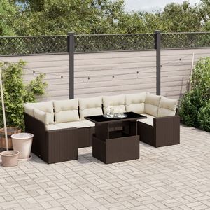Set divano da giardino marrone con cuscini color crema, include divano e tavolino - Product Image 1