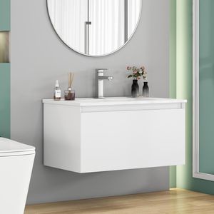 Mobile Bagno Sospeso da 32 Pollici con 1 Ampio Cassetto, Sistema Soft-Close, Lavabo in Ceramica, Design Senza Maniglie, Finitura in Legno Massello Verniciato - Product Image 1