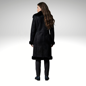 Manteau long d'hiver de luxe en daim noir à capuche en peau de mouton Toscana pour femme - Product Image 5