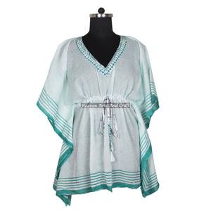 Robe Kaftan pour femmes en coton 100% - Imprimé à la main - KFCS090 - Légère - Vêtement décontracté pour occasions spéciales - Robe Kaftan courte - Product Image 6